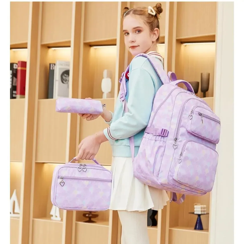 Mermaid Scale Purple School Backpack Set 3pc with‎ Zipper Charms NEW/NWT